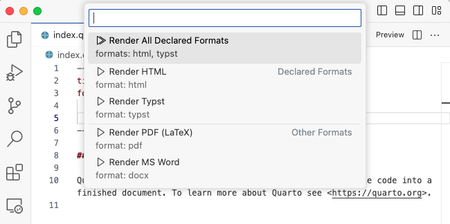 The top of the VS editor. The command palette shows a quick pick list of available formats to render.