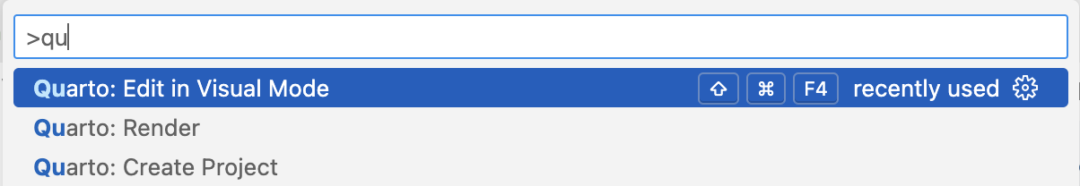 The command palette with the Edit in Visual Mode command highlighted.